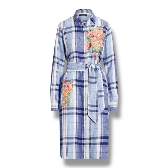 Lauren Ralph Lauren 100% Linen Plaid Floral Shirtdress Size 10 - Picture 2 of 8